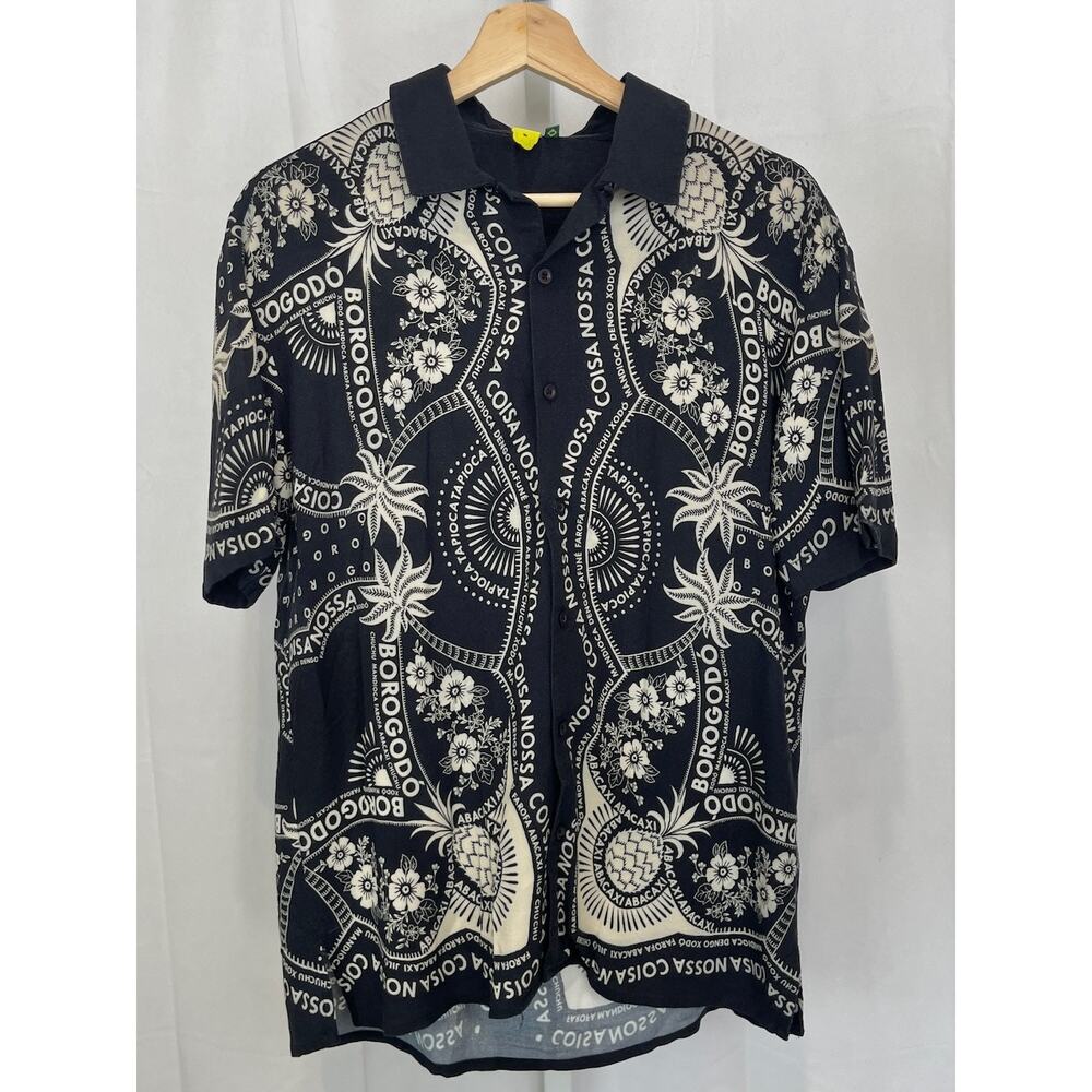 FARM RIO Geo Floral Printed Button Front Short Sleeve Shirt Black Unisex Size P